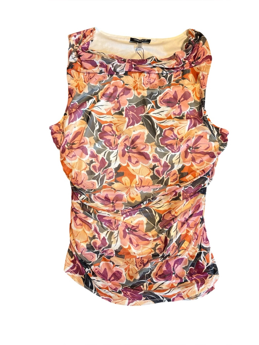 Cable & Gauge Floral Mesh Lined Drape Neck Ruched Waist Sleeveless Blouse
